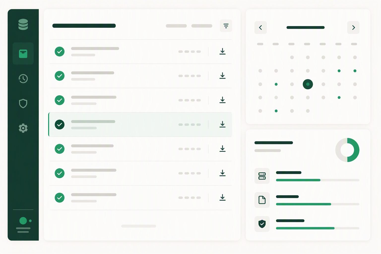 Backup dashboard with dated daily snapshots and download icons